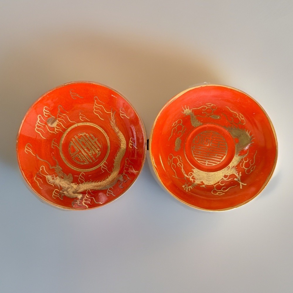 Antique Japanese Porcelain Kutani Dragon Saucer Plate Circa 1920 Set Of 2